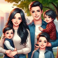 a family portrait is shown in this digital painting style, it looks like they are holding each other