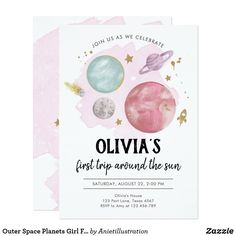 a pink and white birthday card with two planets