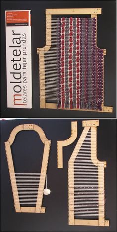 two pictures of the same item in different stages of construction, one is made out of wood and the other has yarn on it