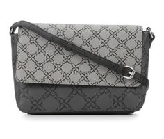 Magnetic snap button closure, Large main compartment, Adjustable shoulder strap | Nine West Calandra Mini Flap Crossbody Handbag in Jet Black Logo Gray Crossbody Business Bag, Formal Gray Crossbody Shoulder Bag, Gray Crossbody Shoulder Bag For Business, Crossbody Shoulder Bag With Snap Closure, Gray Business Crossbody Shoulder Bag, Gray Business Shoulder Bag With Adjustable Strap, Gray Formal Crossbody Bag, Formal Gray Crossbody Bag, Gray Crossbody Satchel With Adjustable Strap