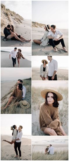 a collage of people sitting on the beach in hats and sweaters, posing for pictures