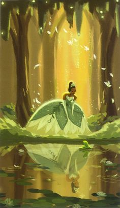 the princess and the frog is sitting in front of a pond with water lilies