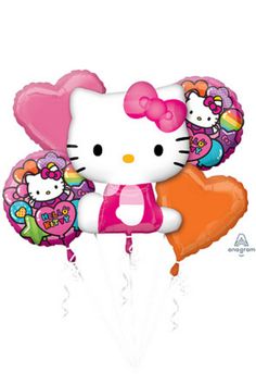 hello kitty balloon bouquet with helium balloons in the shape of heart shaped balloons, including an orange and pink bow