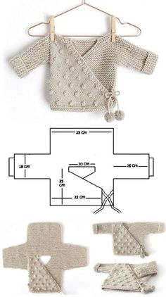 a knitted sweater and mittens are shown on a hanger with measurements for each piece