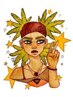 a drawing of a woman with green hair and stars around her head, making the peace sign