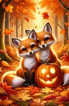 two foxes sitting next to each other in the woods with pumpkins and leaves around them