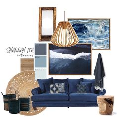 a living room with blue couches and pictures on the wall above it, along with other items