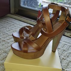 New With Tags. Size 8 Heals/Sandals Wooden Platform Sandals, Gold Flat Sandals, Cognac Sandals, Feather Sandals, Silver Flip Flops, High Heel Clogs, Gold Flip Flops, Wooden Heels, Lace Up Block Heel