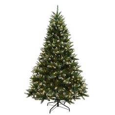 a christmas tree with white lights and snow on the top, in front of a white background