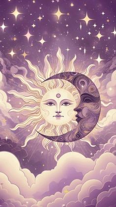 the sun and moon are in the sky with stars above them, as well as clouds