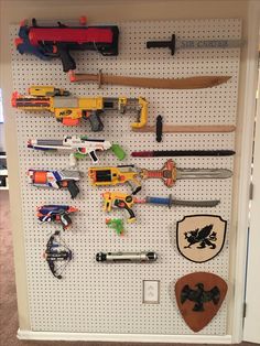 Peg Board Nerf Wall, Rugby Bedroom, Truck Room, Slat Wall Display, Sweet Home Design, Toddler Boys Room, Puja Room, Shared Room, Old Room