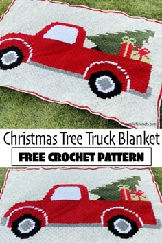 two christmas tree truck blankets on the grass with text overlay that reads, christmas tree truck blanket free crochet pattern