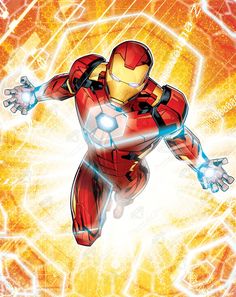 an iron man flying through the air with his arms out and hands in the air