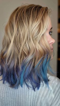 25 Luxurious Dirty Blonde Hair Color Inspirations Dyed Hair For Dirty Blonde, Blonde Hair With Dyed Tips, Dirty Blonde Hair With Blue Highlights, Dark Blue And Blonde Hair, Dyed Highlights, Blonde Hair With Blue Highlights, Blue Tips Hair, Hair Color At Home, Subtle Blonde Highlights