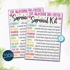 two printable summer survival kits with pine branches and snowflakes in the background