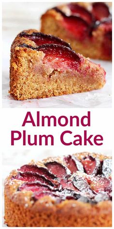 there is a piece of almond plum cake on the table