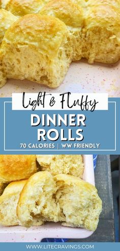 the recipe for light and fluffy dinner rolls is shown in this collage with text overlay