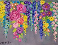 an acrylic painting of flowers on a gray background