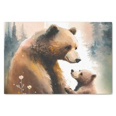 a bear and her cub are looking at each other in front of the watercolor painting