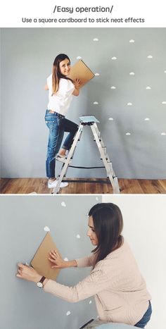 a woman is standing on a ladder and holding a cardboard box