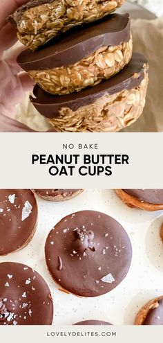 no bake peanut butter oat cups are stacked on top of each other