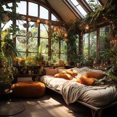 a bed sitting in the middle of a room filled with plants