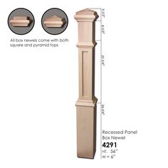 a tall wooden post with measurements for the top and bottom posts, including an attached base