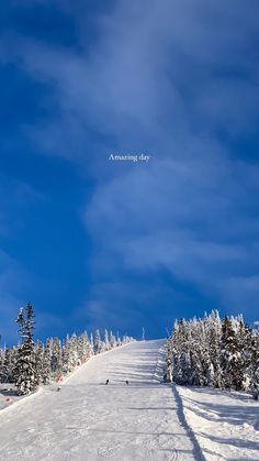 the sky is very blue and there are snow covered trees on the mountain side in the foreground