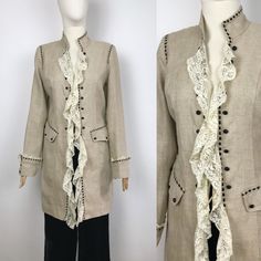 Vintage Extenza Paris brand jacket with lace ruffles, fake pockets and button  Pirate core coat  Size M Material: 100% linen in excellent condition! Fall Workwear Outerwear With Lace Trim, Long Sleeve Blazer With Lace Trim For Spring, Fall Season Lace Trim Outerwear For Work, Cream Long Sleeve Outerwear With Lace Trim, Pirate Core, Jacket With Lace, Lace Coat, Paris Vintage, Linen Jacket