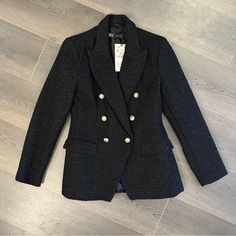 Brand Nwt Black Tweed Sparkly Blazer. Giving Chanel Vibes! Cute Gold Button Details. Measurements In Photos, No Flaws. Brand: Zara Msrp: $119 Sparkly Blazer, Black Tweed Jacket, Blazer Zara, Black Tweed, Zara Jackets, Zara Black, Tweed Jacket, Chanel, Jackets & Coats