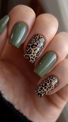 22 Must-Try Green Nail Designs for a Perfect Fall Manicure Green Nails With Leopard Print, Khaki Nail Designs, Leopard Fall Nails, Khaki Green Nails, Autumn Nails Green, Autumn Green Nails, Fall Green Nail Designs, Green Leopard Nails, Green Autumn Nails