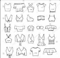 different types of blouses and tops drawn in black ink on white paper stock photo