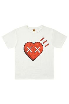 a white t - shirt with a red heart and two crossed crosses on the chest