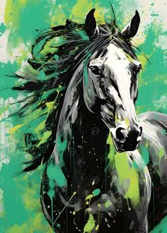 a painting of a horse on a green background