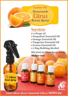 Young Living Essential Oils: Citrus Room Spray and Air Freshener Essential Oil Spray Recipes, Diy Room Spray, Homemade Essential Oils, Tangerine Essential Oil, Grapefruit Essential Oil, Living Essentials Oils