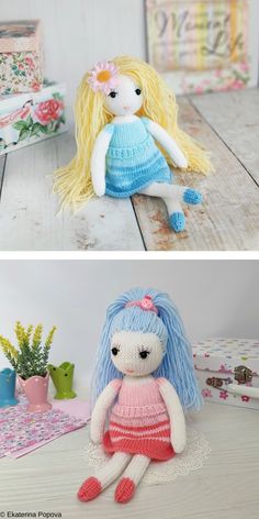 two pictures of the same stuffed animal, one with blue hair and one with blonde hair