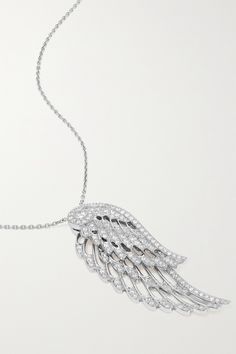 Garrard's necklace is designed to mimic the natural shape and delicacy of angel wings - each pendant is intricately crafted to move independently from another as they overlap. Cast from 18-karat white gold in an openwork design that brings "an ethereal lightness", they're illuminated with round-cut diamonds to accentuate their swooping curves and strung on an adjustable chain. White Gold Diamond Necklace, White Diamond Necklace, Gold Diamond Necklace, Metallic Bag, White Gold Necklaces, Fine Jewellery Necklace, Diamond Bracelets, Round Cut Diamond, Angel Wings