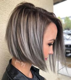 Angle Brown Bob With Gray Balayage Blond Model, Silver Hair Highlights, Blonde Balayage Bob, Gray Balayage, Brown Bob, Going Grey, Ash Blonde Balayage, Silver Hair Color, Gray Hair Highlights