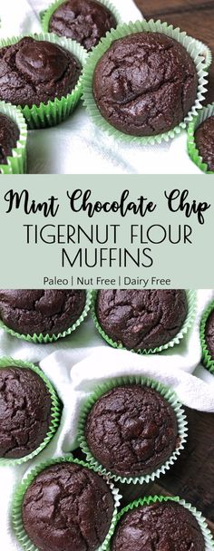 chocolate chip tigernut flour muffins with text overlay that reads, mini chocolate chip tigernut flour muffins