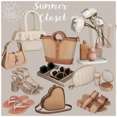 an assortment of women's purses and shoes are shown in this image with the caption summer closet