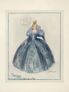 a drawing of a woman in a blue dress with a tiara on her head