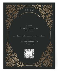 a black and gold wedding card with the words rsvp on it, surrounded by leaves