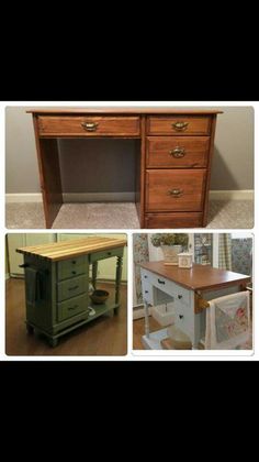 three different pictures of an old desk with drawers