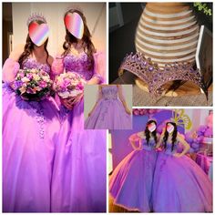 two girls dressed in purple dresses and tiaras