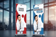 two roll up banners with the image of a man wearing a tie and standing next to each other