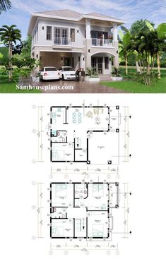 two story house plan with three floors and an attached garage