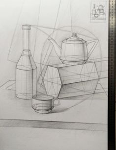 a drawing of some bottles and a teapot on a table with other items in the background