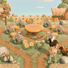 an animated scene with animals and people in the grass near rocks, flowers and trees