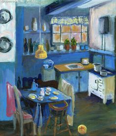 an oil painting of a kitchen scene with blue walls and cabinets, including a dining table