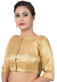 Designer boat neck 3/4 sleeves front open saree blouse, wedding wear ,partywear blouse fabric : - chanderi / banarsi inner lining : - cotton neckline: - boat neck sleeves : - 3/4 sleeves open : - front open closer type : - hook & eyes padding : - non padded colour : - gold size : - from bust size 28 to bust size 46 for more information about the item please contact in massage thanks for visit 😊 Boat Neck Front Open Blouse Designs, Party Wear Saree Blouse, Open Blouse, Blouse Saree, Party Wear Saree, Wear Saree, Saree Look, Party Wear Sarees